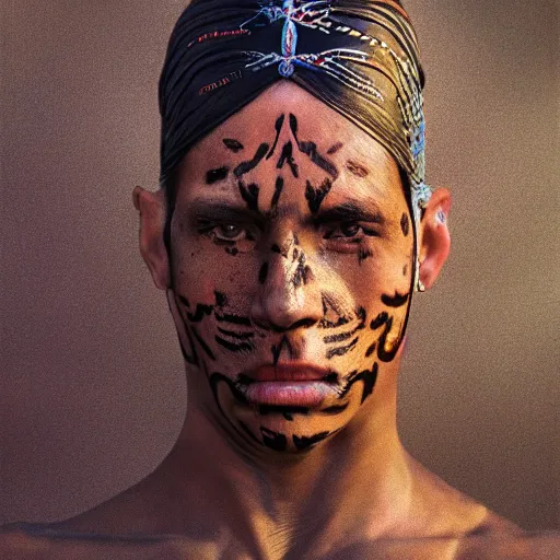 Image similar to portrait of a young jaguar warrior, street pic, depth of field, zeiss lens, detailed, symmetrical, centered, fashion photoshoot, by annie leibovitz and steve mccurry, jim jarmusch, moebius, breathtaking, 8 k resolution, extremely detailed, beautiful, establishing shot, artistic, hyperrealistic, beautiful face, octane render