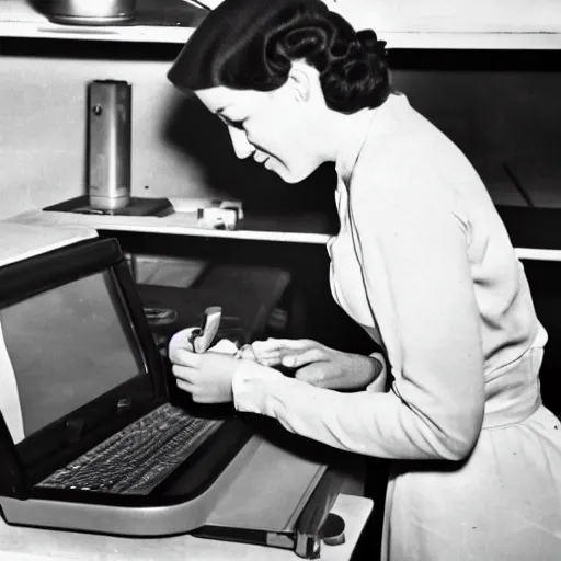 Image similar to an early 1950s photo of someone on a computer making a donut in blender