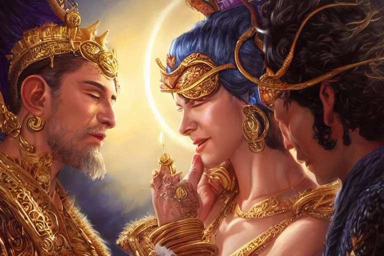 Image similar to close up moment of a divine a sun god and a moon goddess lovers magician at a wedding banquet, highly detailed, d & d, fantasy, highly detailed, digital painting, trending on artstation, concept art, sharp focus, illustration, art by artgerm and greg rutkowski and magali villeneuve