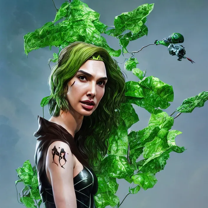 Image similar to portrait of Gal Gadot as a Poison Ivy. intricate artwork. by Tooth Wu, wlop, beeple, dan mumford. octane render, trending on artstation, greg rutkowski very coherent symmetrical artwork. cinematic, hyper realism, high detail, octane render, 8k