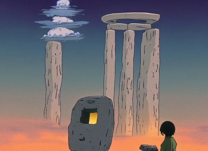 Image similar to a realistic cell - shaded studio ghibli concept art from paprika ( 2 0 0 6 ) of a floating cube from close encounters of the third kind ( 1 9 7 7 ) and a grey witch meditating on top of a pillar in a flooded stonehenge on a misty starry night. very dull colors, hd, 4 k, hq