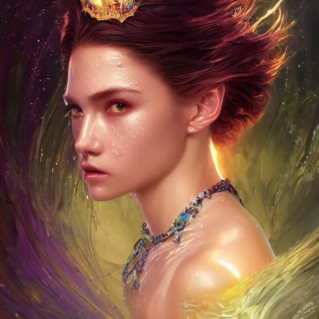 Prompt: detailed portrait of beautiful night underwater princess, caustics, accurate ray tracing, dark fantasy, sharp focus, vibrant, vivid, wet shiny skin, symmetry, highly detailed, 4 k digital painting, detailed skin, liquid, magical, raytracing, bubbles, artistic, concept art by artgerm, greg rutkowski, alphonse mucha, unreal engine render,