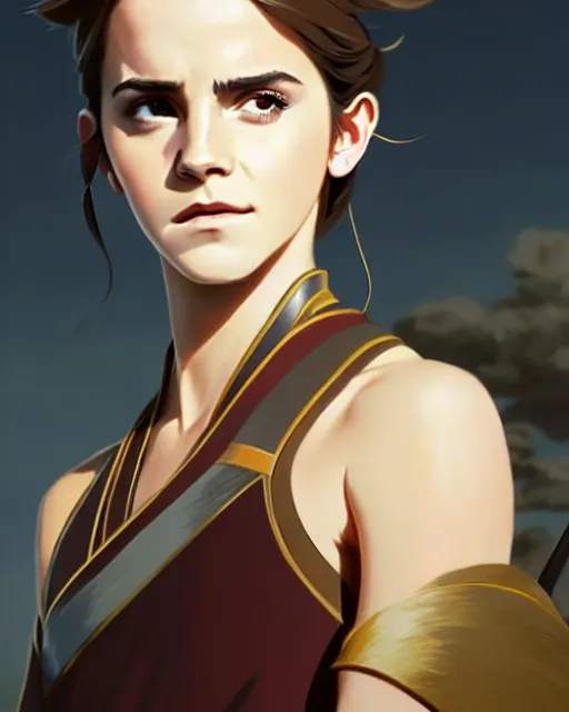 Image similar to emma watson as an azctec warrior, detailed perfect face, exquisite details, fire magic, mid view, design on a white background, by studio muti, greg rutkowski makoto shinkai takashi takeuchi studio ghibli