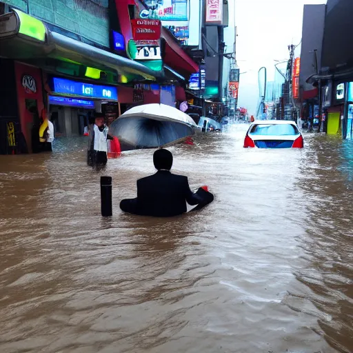 Image similar to seoul city is flooded by heavy rain. A guy with suit is sitting on the top of the A car is middle of the street flooded.