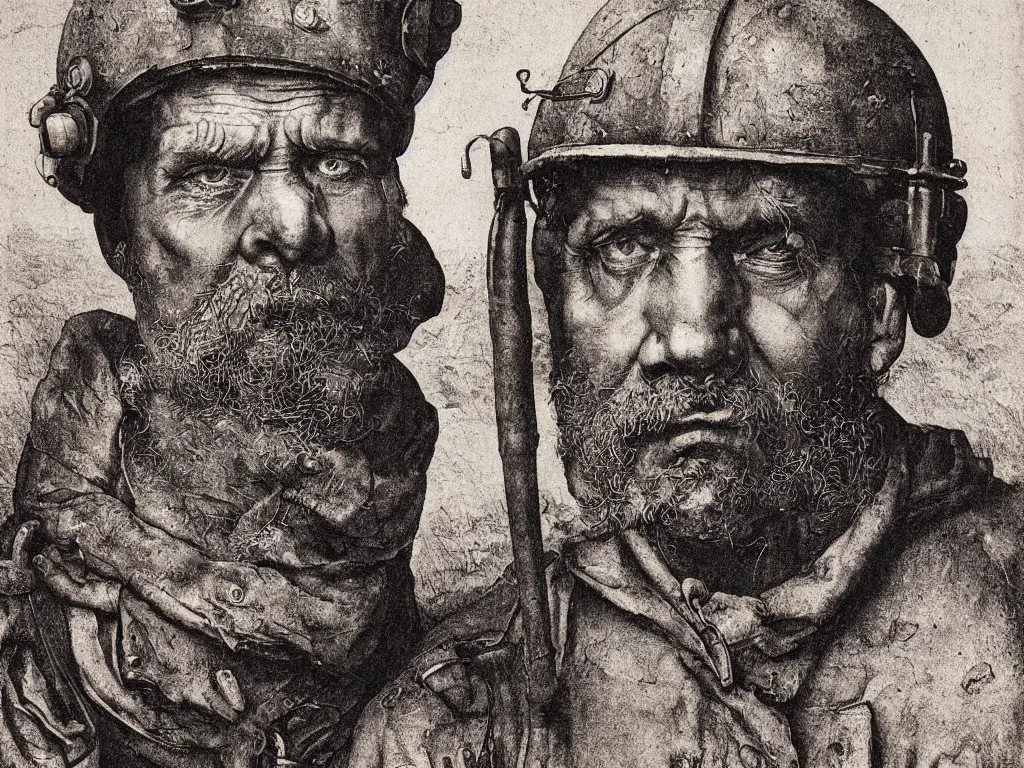 Prompt: portrait of a head of a man working in the coal mine. copper engraving by albrecht durer, august sander