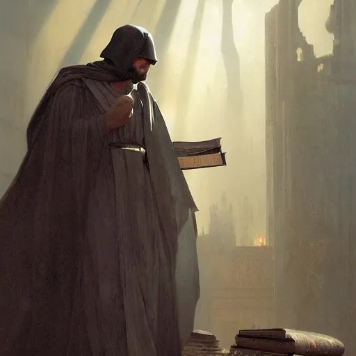 Prompt: half portait of jedi wearing a closed cowl and big old book! chained to the wrist, jeremy mann, jean - leon gerome, tiepolo, alphonse mucha, greg rutkowski, face in the shadows, ( ( ruins of ancient rome ) ), at dusk, mysterious atmosphere, sunrays, dof, high detailed, 8 k