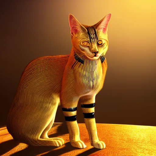 Image similar to egyptian cat, golden hour, fantasy, sharp focus, digital art, hyper realistic, 4 k, unreal engine, highly detailed, hd, dramatic lighting by brom, trending on artstation