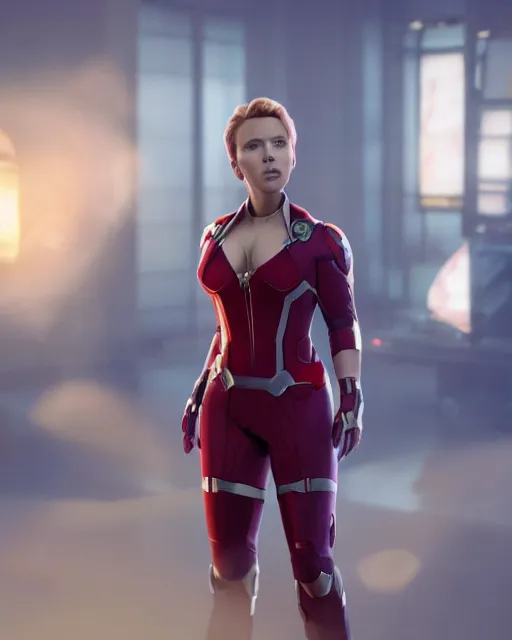 Image similar to film still of scarlett johansson in a fatsuit from 2 0 1 2's the avengers, cinematic lighting, octane render, backlit, rim lighting, 8 k resolution