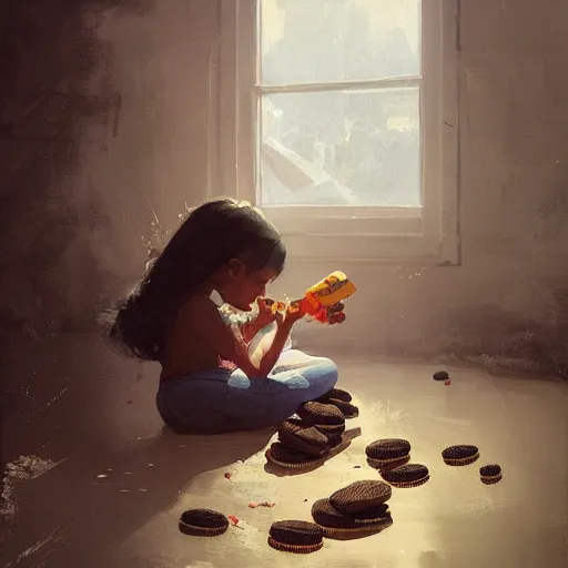 Prompt: little girl eating oreos, her baby sister is playing video games, the little girls are black, a beautiful painting , by greg rutkowski and kalin popov , trending on artstation hd