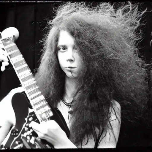 Image similar to 19-year-old woman holding electric guitar, long shaggy red hair, permed hair, stoner rock concert, proto-metal concert, 1973, 8mm photography