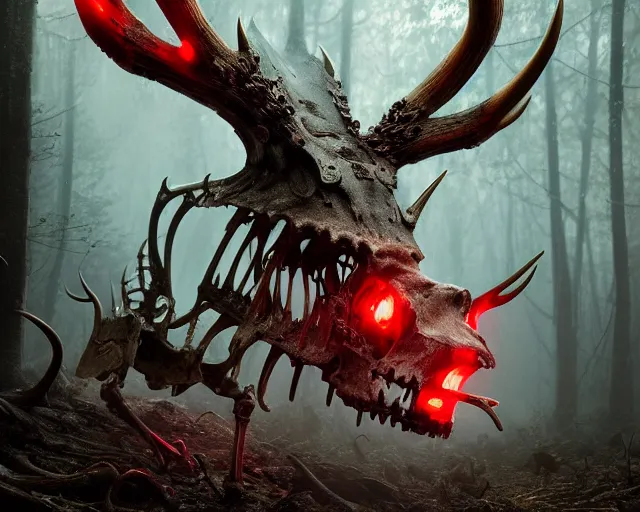 Image similar to 5 5 mm portrait photo of an armored demonic rat skeleton with antlers and red eyes, in a magical forest. magical atmosphere. art by greg rutkowski. highly detailed 8 k. intricate. lifelike. soft light. nikon d 8 5 0.