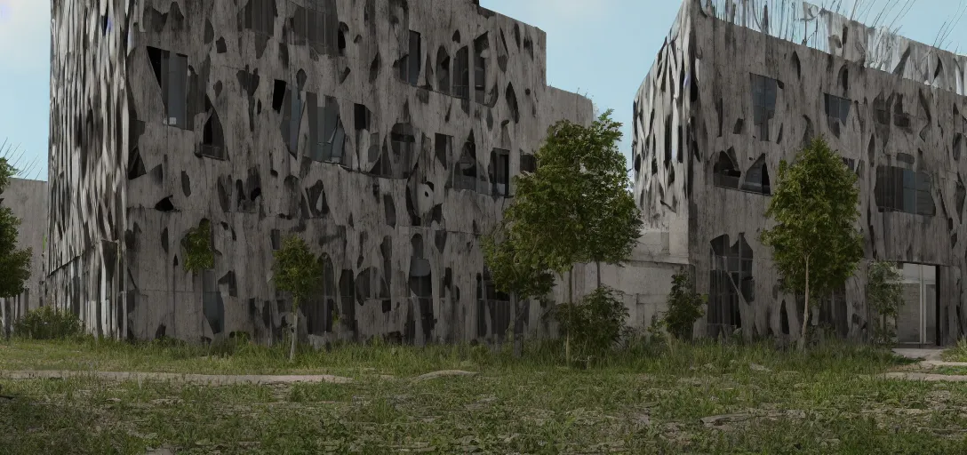 Image similar to exterior abandoned modern building architecture, some vines, daylight, volumetric, hyper realistic, artstation photo realististic, 8k cinematic, high texture detail,