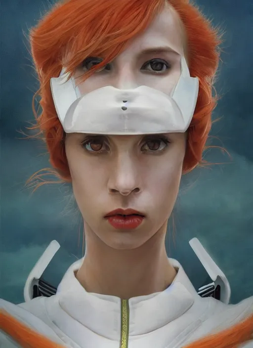 Prompt: symmetry!!! closeup portrait! of a samurai racer girl, fashion white jumpsuit, shoulder pads, in clouds, cinematic light, windy, teal orange, volumetric smoke, by gerald brom, by mikhail vrubel, by peter elson, muted colors, extreme detail, trending on artstation, 8 k