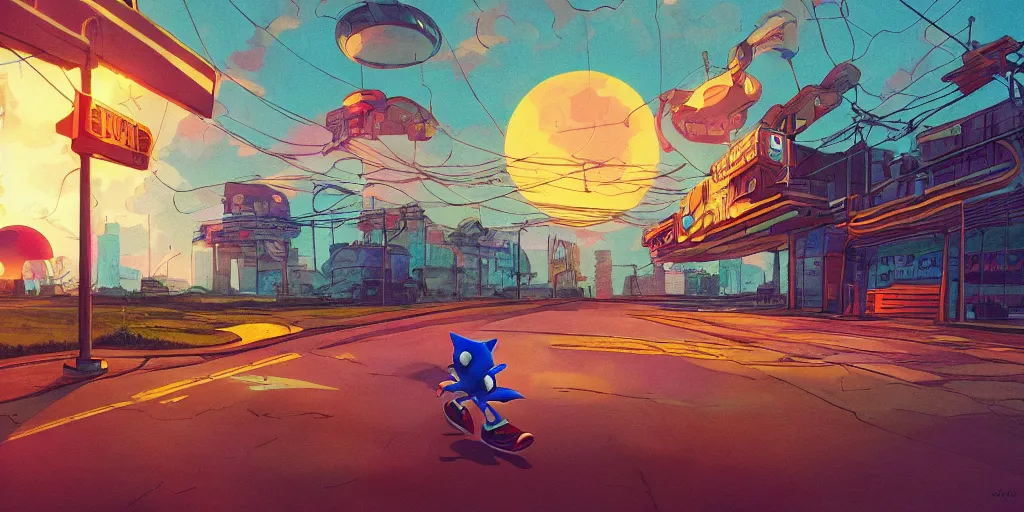 Prompt: Sonic the Hedgehog running, Portrait, Very Cloudy Sky, Sun, Neon Lights, Subject in Middle, Subject in center, Rule of Thirds, Retrofuturism, Studio Ghibli, Simon Stålenhag