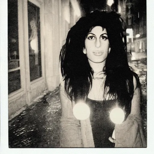 Image similar to polaroid of amy winehouse on a rainy night in the east village at night, raining!