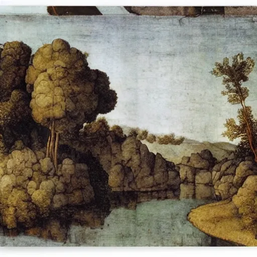 Image similar to a beautiful landscape, river, rocks, trees, by leonardo davinci