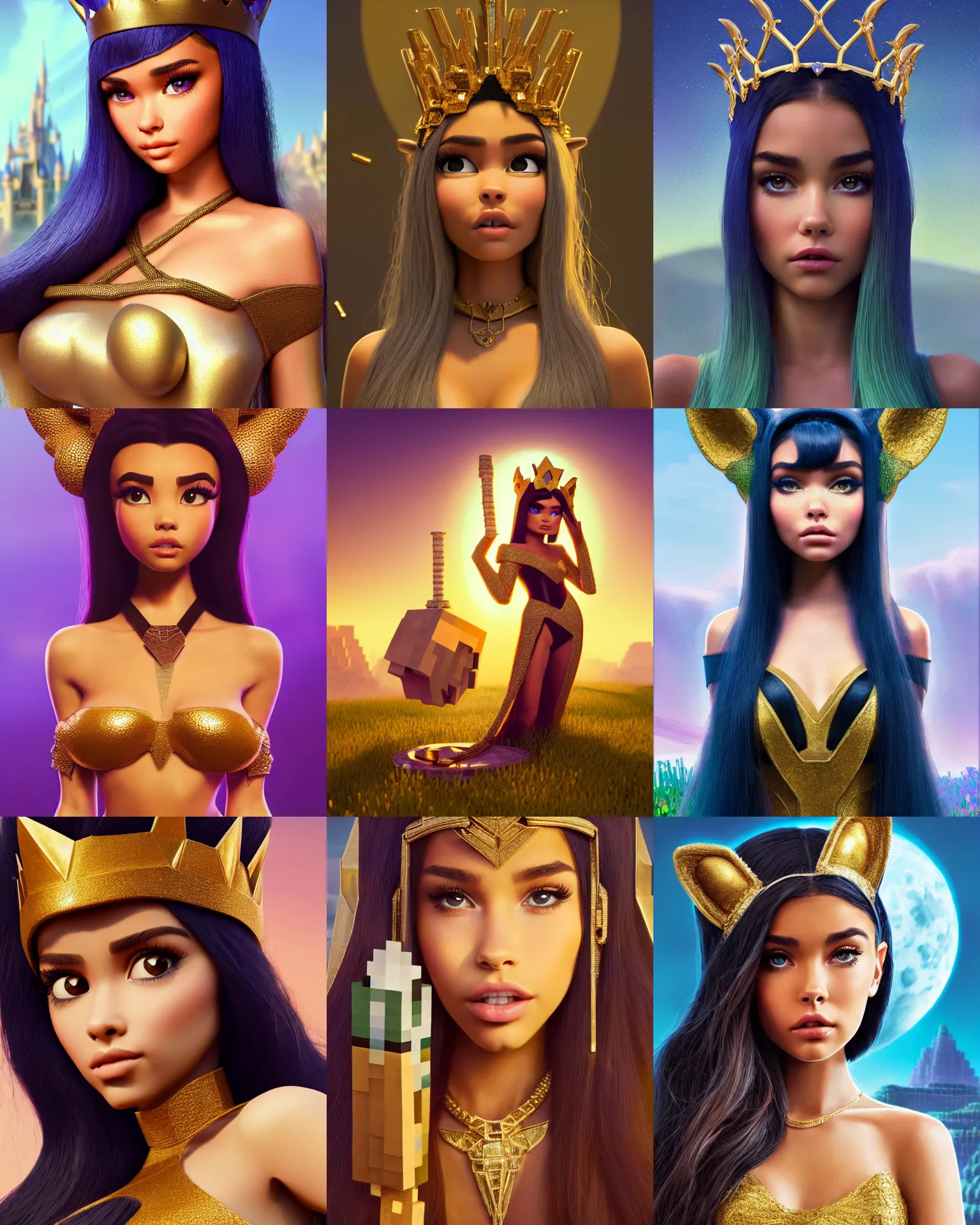 Prompt: madison beer as minecraft queen | jewelry | glamorous oily soft polished rich vixen ornate modern | weta disney pixar movie still photo | hi - fructose, sci fi fantasy, golden ratio, smooth, octane render, sharp focus, artstation, concept art | beeple, rhads, rutkowski, artgerm, mucha, wlop, loish |