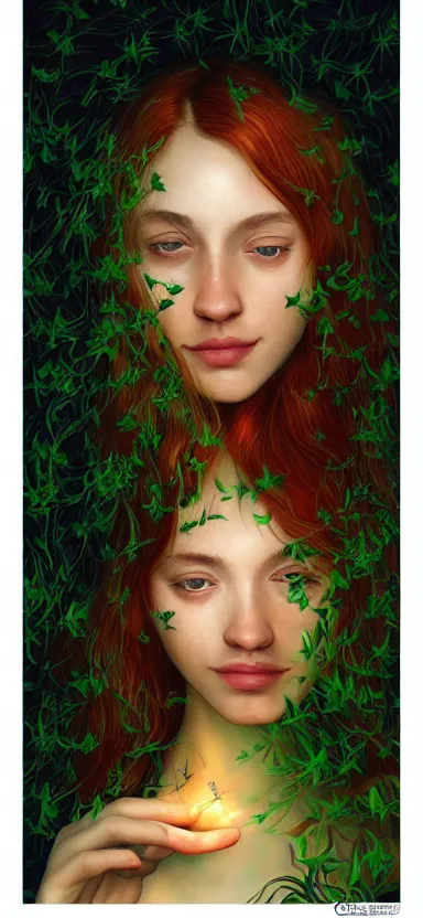 Image similar to young woman, smiling, amazed by golden fireflies lights, sitting in the midst of nature fully covered, long loose red hair, intricate linework, green eyes, small nose with freckles, oval shape face, realistic, expressive emotions, dramatic lights, spiritual scene, hyper realistic ultrafine art by cecco del caravaggio and albert bierstadt and artgerm
