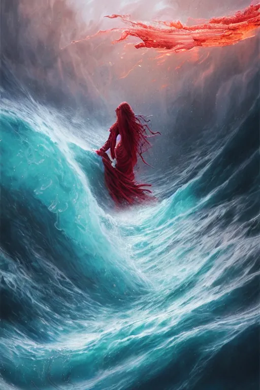 Prompt: Turbulent ocean of blood with canvas that catches liquid fire, intricate ruby, Stephen Bliss, Greg Rutkowski, Loish, Rhads, ferdinand knab, Makoto Shinkai rossdraws, concept art, art nouveau, Reylia Slaby, Peter Gric, Tom Bagshaw, global illumination, volumetric lighting, CGsociety, blood, radiant light, detailed and intricate environment