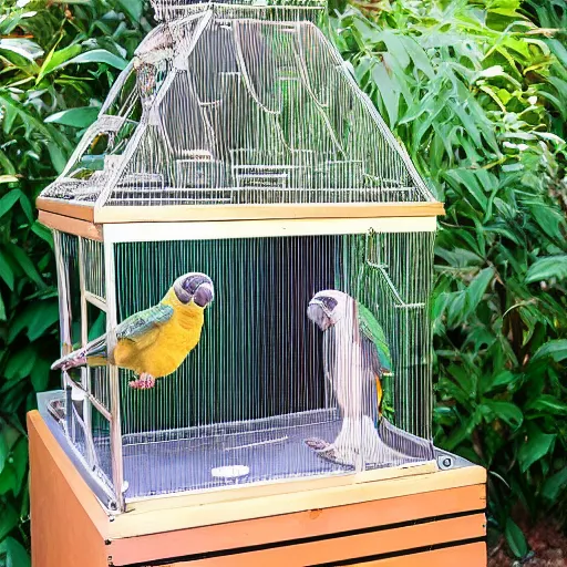 Prompt: a bird cage with a pug parrot hybrid