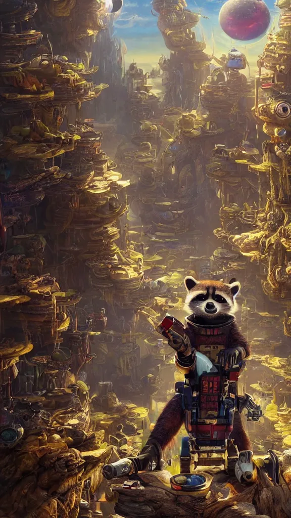 Prompt: a surreal dreamlike scene of rocket raccoon rocket raccooning in rocketraccoon city, extravagant matte painting, highly detailed oil painting, 8k, devastatingly beautiful atmosphere, elegant cinematic fantasy art, overwhelming depth and detail, magic, vibrant colors, intricate masterpiece