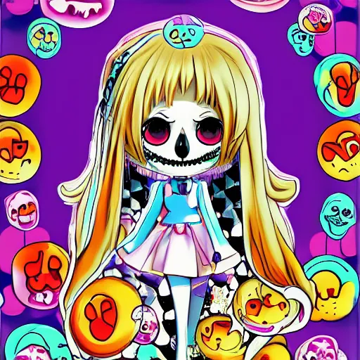 Image similar to portrait of a anime angel happy smiley girl skull face with emoji’s and bubbles detailed highres 4k by Trevor Brown pop art nouveau