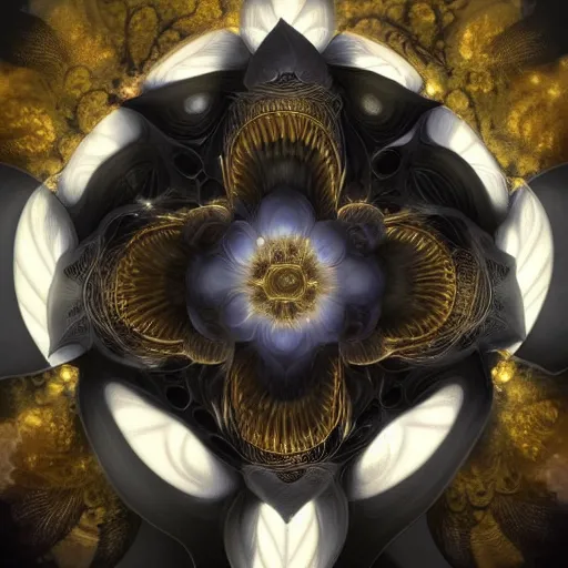 Prompt: a beautiful and detailed illustration of a black lotus with fractal fibonaucci sequence petals, in the style of magic the gathering, highly detailed, digital painting, unholy union, white church background, god rays, volumetric lighting, octane render, 4 k resolution, art by artgerm and greg rutkowski and alphonse mucha, masterpiece, in a luminist baroque style