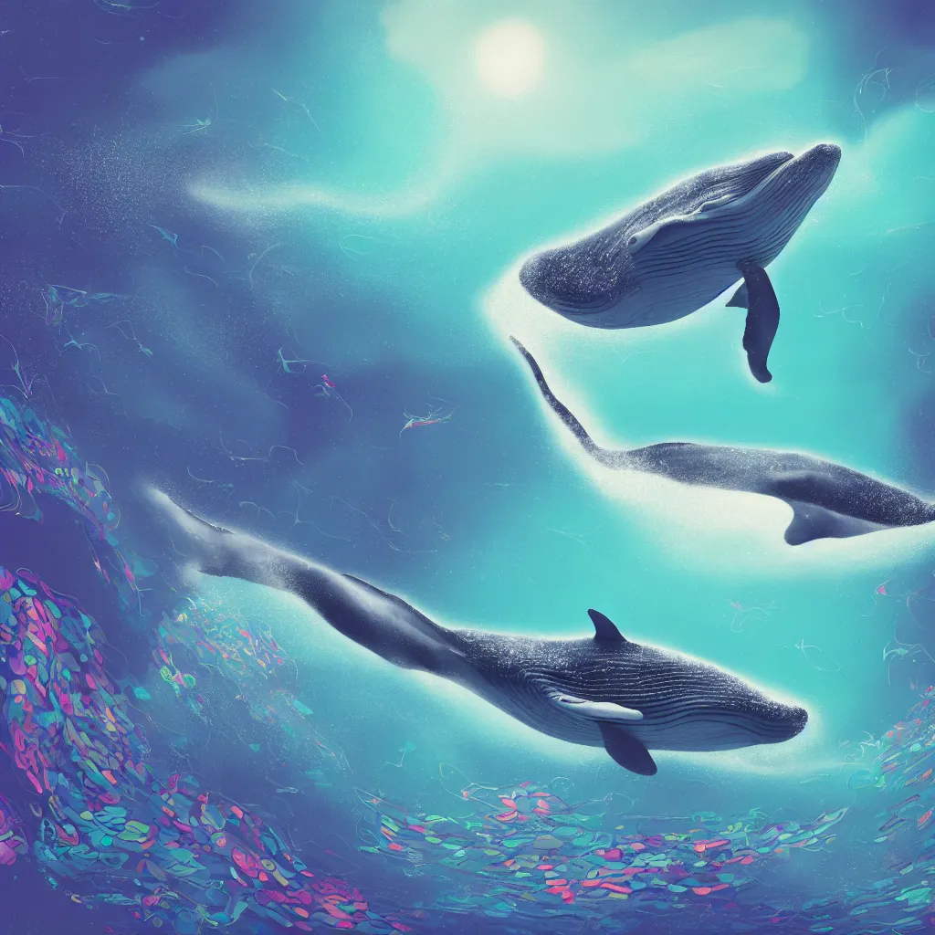 Prompt: digital painting of a fictional whale by mohamed solah, art limited whale by bahar moumivand, the whale has tiny multiple holographic butterfly wings on its backside, fully detailed, 4 k, octane render quality, real footage, psychedelics featured on artstation, subreddit / r / whale