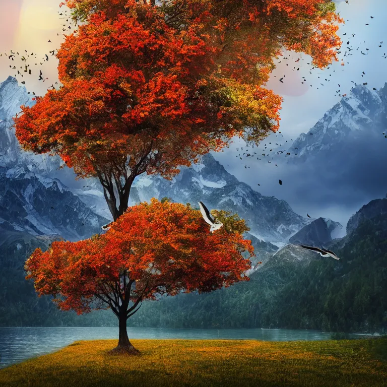 Image similar to a beautiful awesome artistic tree with falling flowers like leaves and many birds, all in the amazing outdoors view, mountain in the background, lake, long exposure, 8 k resolution, trending on artstation