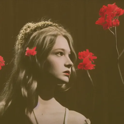 Image similar to movie still of the girl with the flowers head, cinematic composition, cinematic light, by edgar wright and david lynch, surrealist art