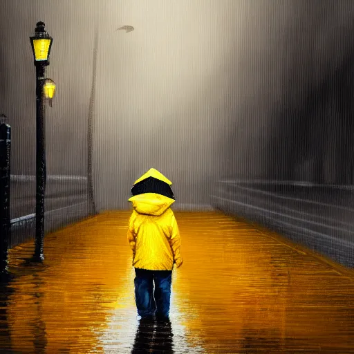 Prompt: A small child wearing a yellow rain coat walking alone in a dark alley,it is raining heavily, scary atmosphere,gloomy lighting, painting , highly detailed , high contrast, beautiful lighting, award winning , trending on art station, 8k, photo realistic