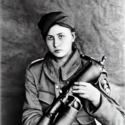 Image similar to Lyudmila Pavlichenko, young female Soviet sniper, photography by Annie Leibovitz