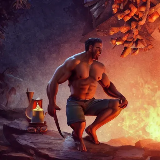 Image similar to muscleman with peyote tea at jungle campfire full moon atmospheric octane render ultra photorealistic hyper detailed, trending on cgsociety, 4 k, award - winning, very extremely beautiful, gorgeous, dnd, fantasy