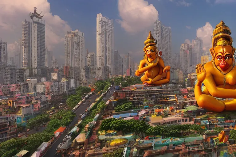 Prompt: high quality 3 d dreamscape! biomorphic hanuman head building in the middle of mumbai!!, kalighat highly detailed, cinematic smooth, stephen shore & john j. park, soft morning light, wide shot, high angle, uhd 8 k, deep focus