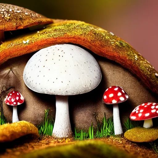 Image similar to macro photo with a mushroom character with cute eyes and mycelium, very close to real nature, natural colors and natural surroundings, painted patterns and coloring on mushrooms, 8K, highly detailed, cartoon