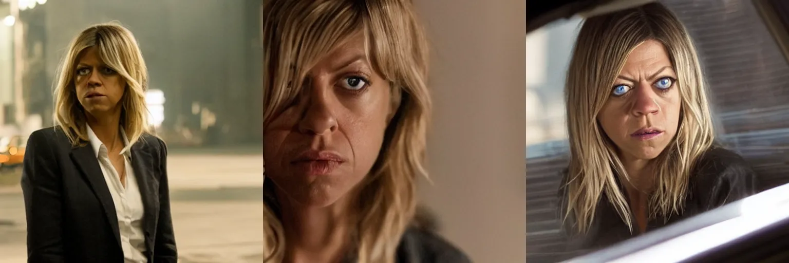 Prompt: close-up of Kaitlin Olson as a detective in a movie directed by Christopher Nolan, movie still frame, promotional image, imax 70 mm footage