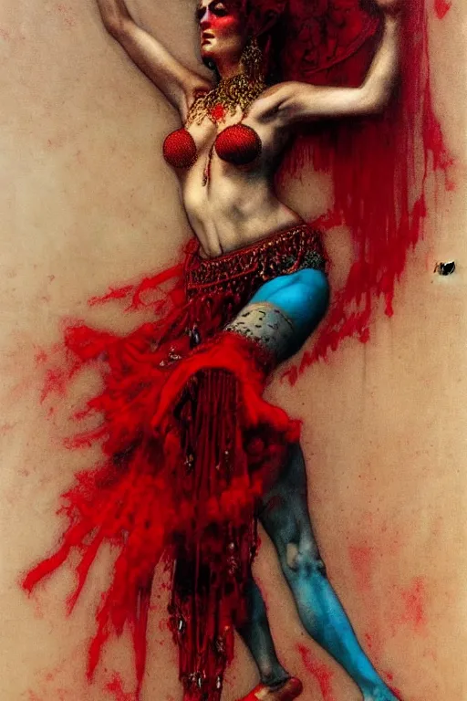 Image similar to red and turquoise raving bellydancer in the style of wayne barlowe, gustav moreau, goward, bussiere, roberto ferri, santiago caruso, luis ricardo falero, austin osman spare