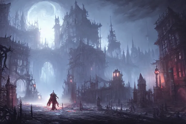 Image similar to collaborative environment concept art by Tyler Edlin, Andy Park, Feng Zhu, James Paick, Ryan Church, in the style of Bloodborne