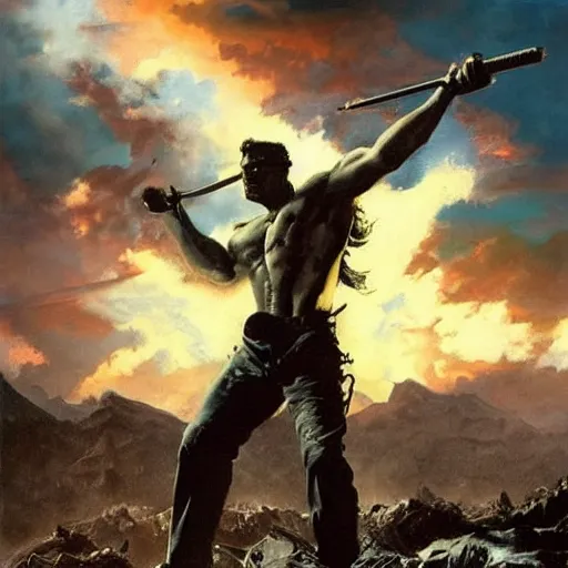 Prompt: dramatic sunset and dramatic sky , lone muscular man in the middle of the sun , painting by frazetta, low angle perspective, postapocalyptic panorama.asthetics !