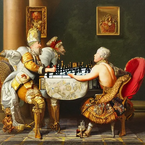 Prompt: tank playing chess looking wise, rococo oil painting, highly detailed