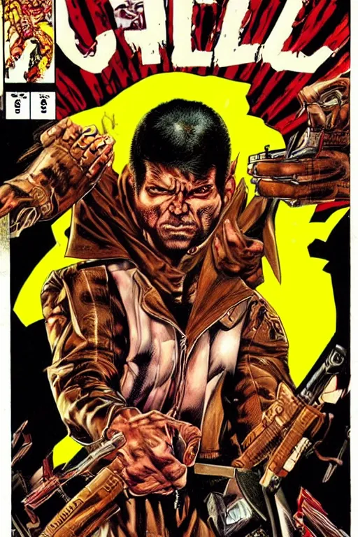 Image similar to ultra violent comic book cover of a contract killer named cobalt. he wear a brown leather jacket and a white shirt. he has a prominent scar up the side of his face. art by glenn fabry.