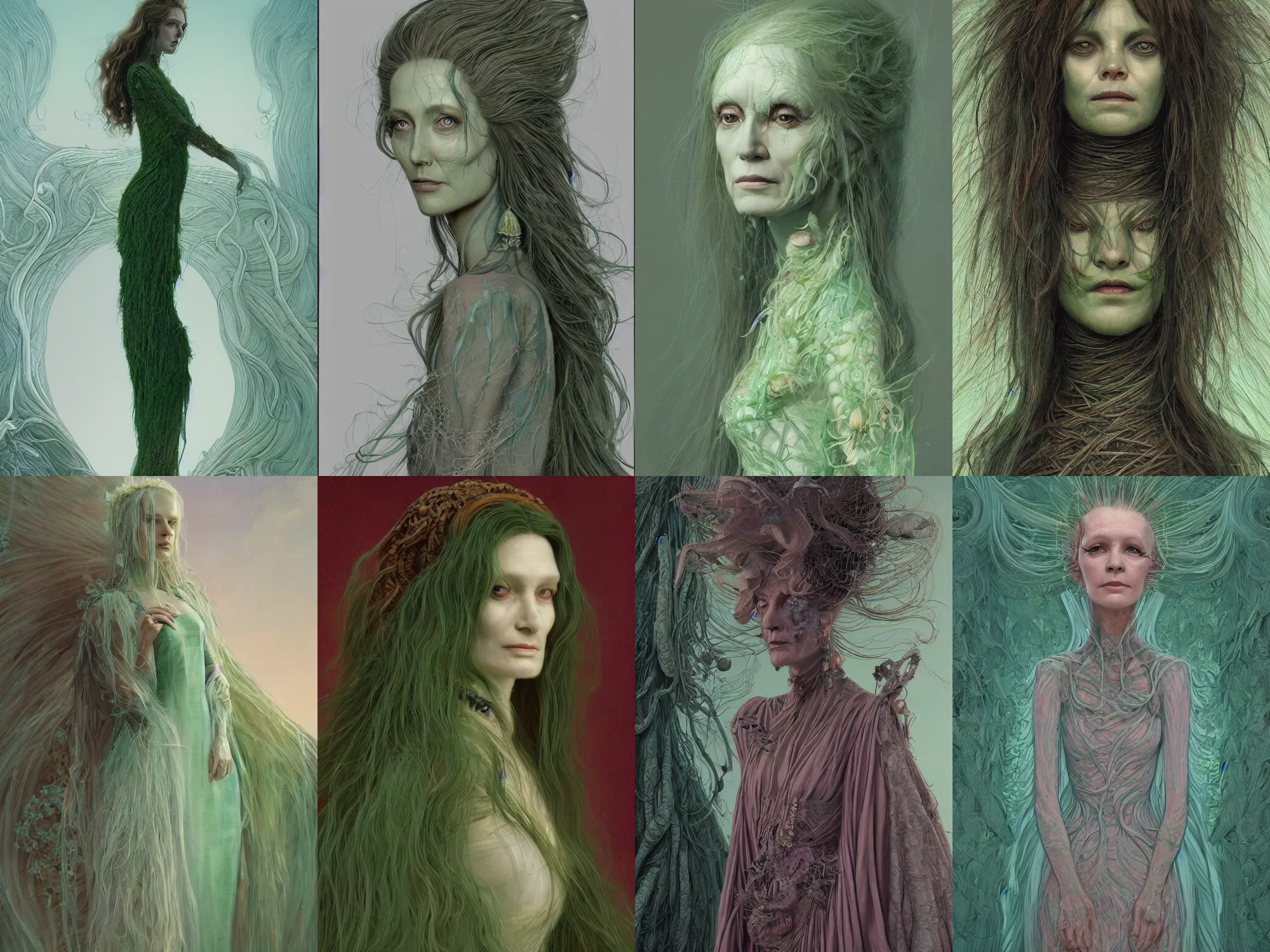 Prompt: a portrait of a the green lady in a dress with long hairs, art by James Jean and Wayne Barlowe, high detail, cinematic, cgsociety 8k