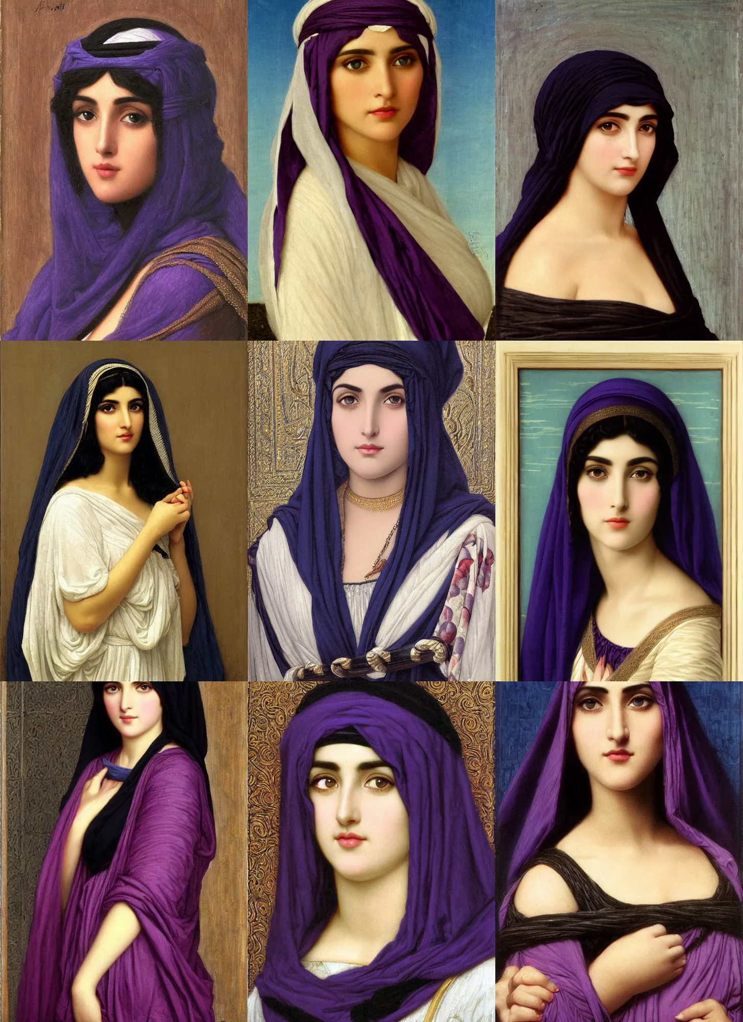 Prompt: a greek arab ameera al taweel, blue eyes, straight black hair, deep purple veil, beautiful by john william godward