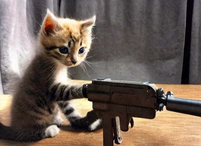 Prompt: a cute kitten handling a heavy machine gun