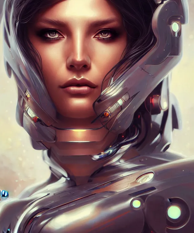 Prompt: futuristic woman Cyborg portrait, sci-fi, amber eyes, face, long hair, fantasy, intricate, elegant, highly detailed, digital painting, artstation, concept art, smooth, sharp focus, illustration, art by artgerm and greg rutkowski and alphonse mucha