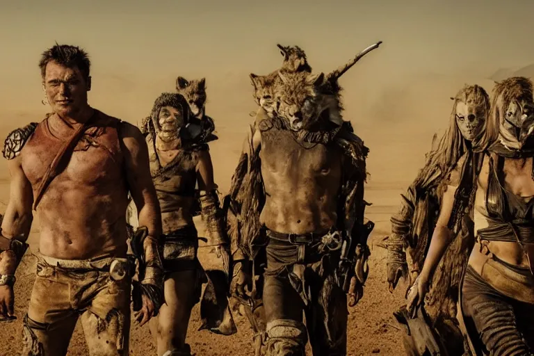 Prompt: a film still from the movie mad max fury road of the anthropomorphic anthro cheetah wolf lizard raiders wearing scavenger clothes standing in the post apocalyptic wasteland