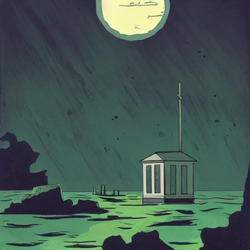 Prompt: seaside prison, heavy ink, moon in sky, green, mike mignola