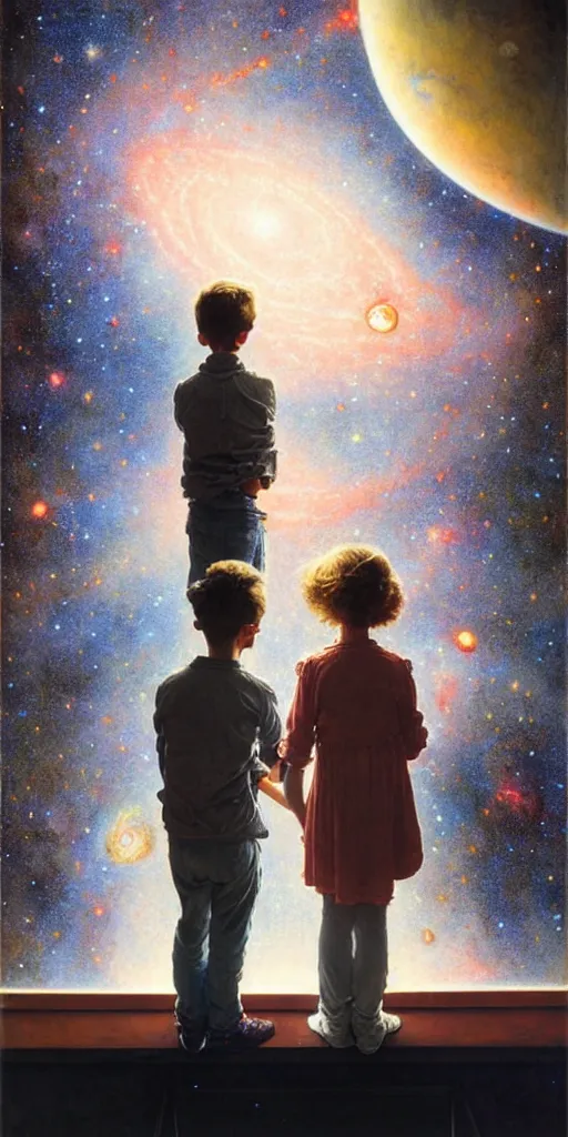 Image similar to one 5 year old boy and one 1 2 year old girl looking at the wall of their bedroom and seeing the universe full of galaxies and planets, imagination, part by norman rockwell, part by greg rutkowski, part by mattias adolfsson, high angle, ( ( ( ( volumetric lighting ) ) ) ), oil on canvas