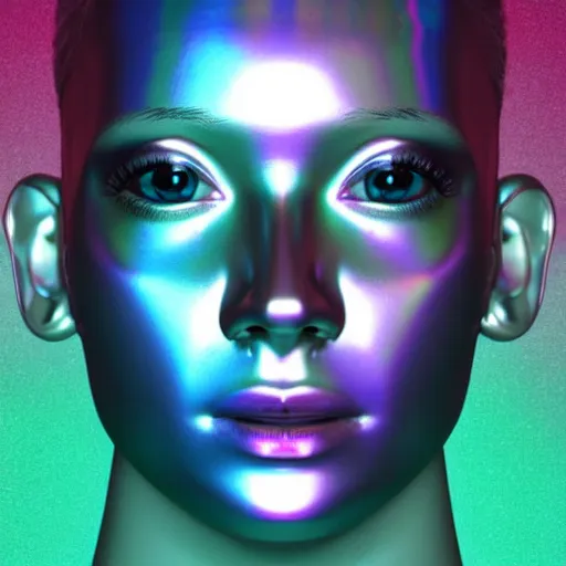 Image similar to 3d render of holographic human robotic head made of glossy iridescent, surrealistic 3d illustration of a human face non-binary, non binary model, 3d model human, cryengine, made of holographic texture, holographic material, holographic rainbow, concept of cyborg and artificial intelligence