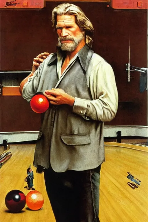 Image similar to Jeff Bridges from the movie The big Lebowski playing bowling painted by Norman Rockwell